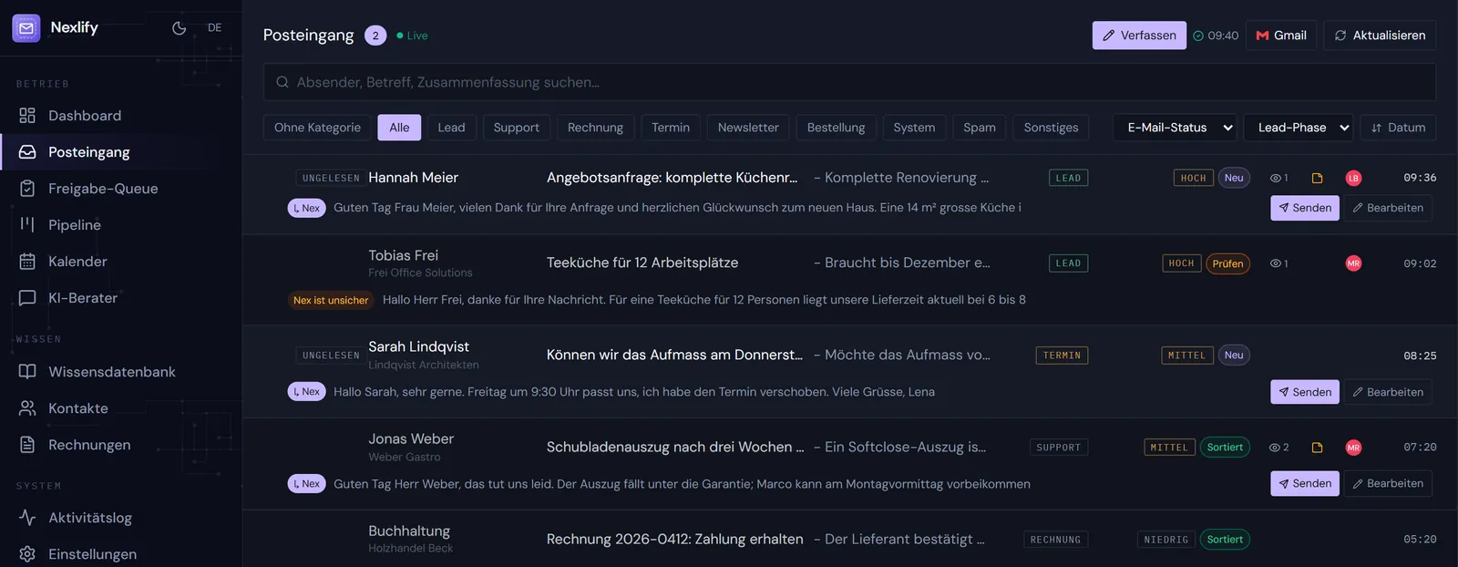 Der Nexlify-Posteingang mit Demo-E-Mails, nach Priorität sortiert, die meisten mit einem Antwortentwurf von Nex.