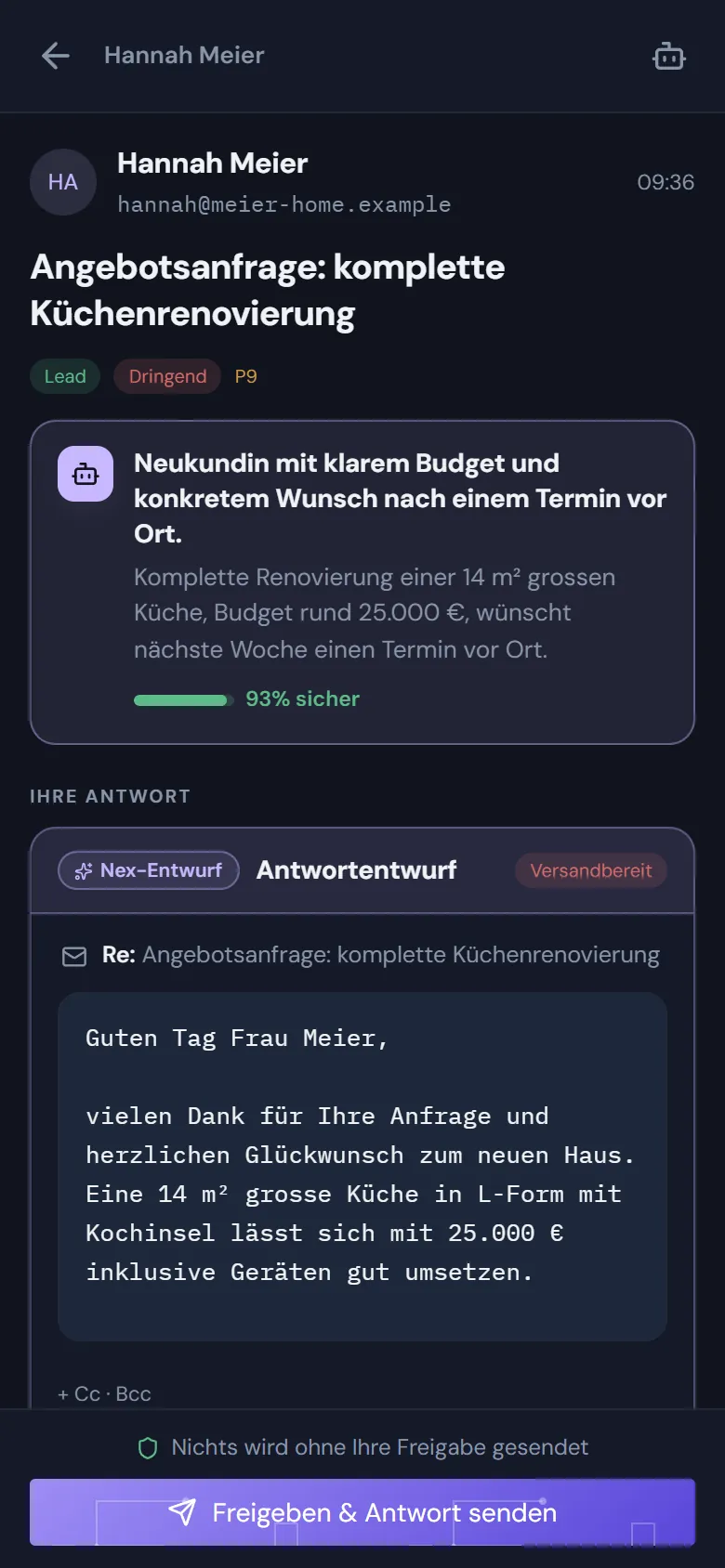 Eine E-Mail auf dem Handy, mit dem Entwurf von Nex und dem Freigabe-Button.