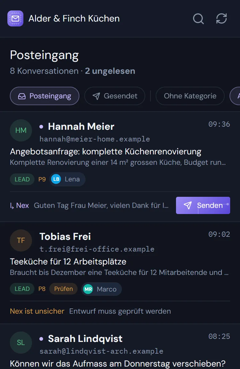 Der Nexlify-Posteingang mit Demo-E-Mails, nach Priorität sortiert, die meisten mit einem Antwortentwurf von Nex.