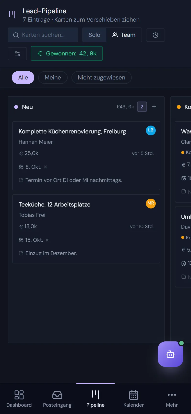 Das Pipeline-Board des Teams: Leads in den Spalten New, Contacted, Quoted und Won, jeweils mit Wert und zuständiger Person.