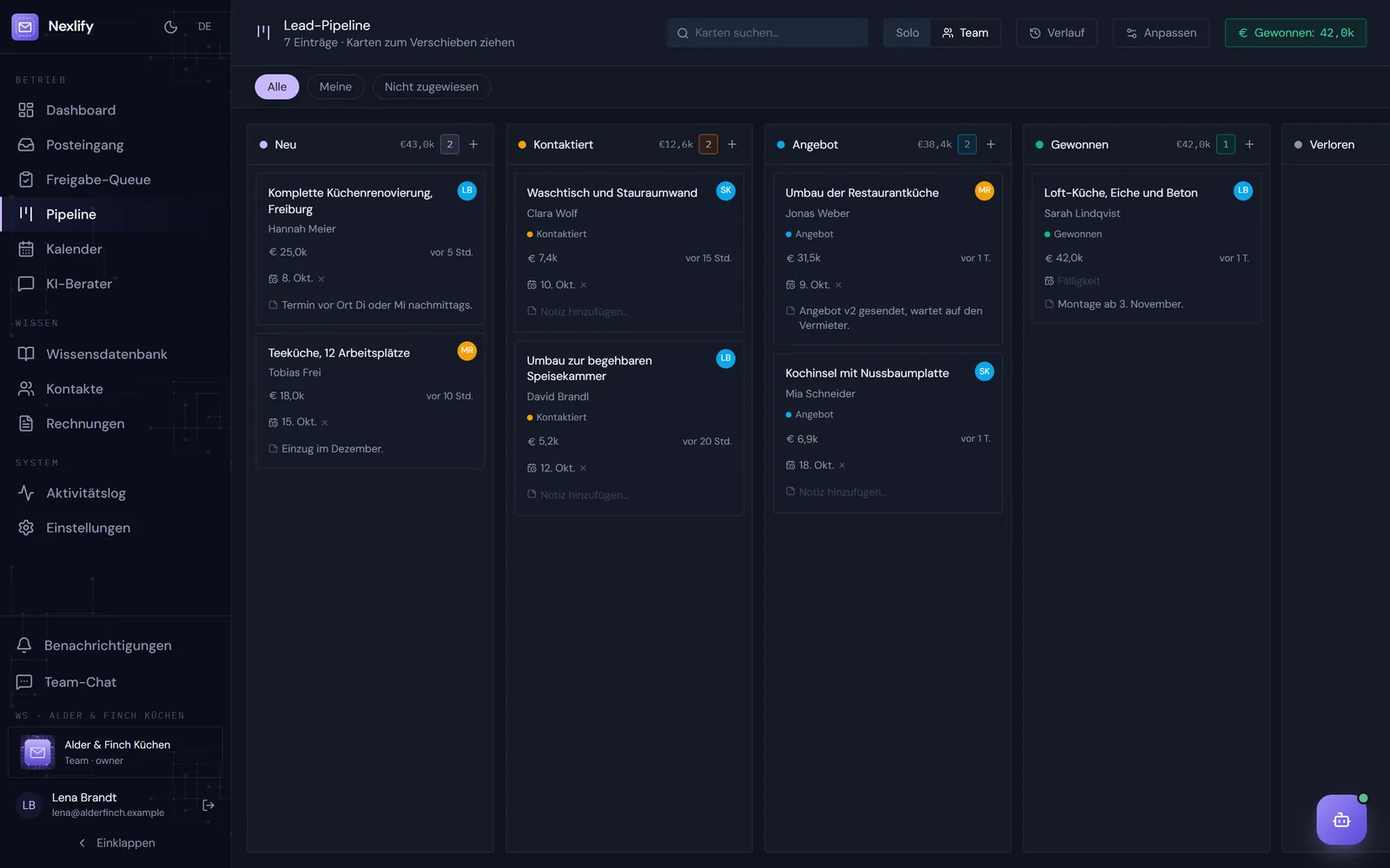 Das Pipeline-Board des Teams: Leads in den Spalten New, Contacted, Quoted und Won, jeweils mit Wert und zuständiger Person.