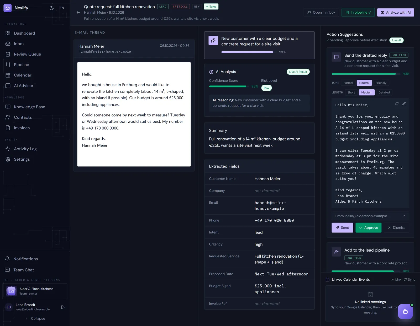 An email open in Nexlify: the original on the left, Nex's summary, confidence and extracted details in the middle, the drafted reply on the right.