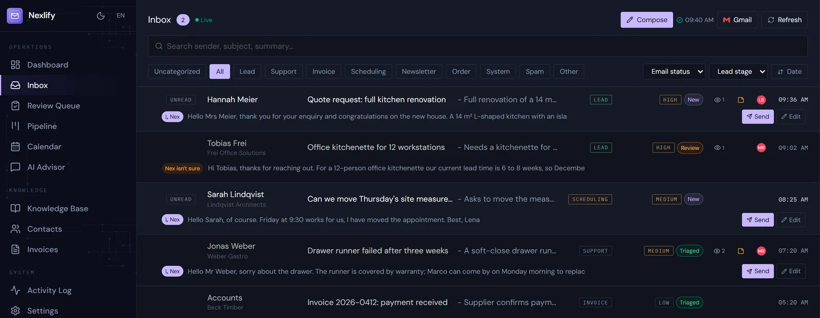 The Nexlify inbox with demo emails, sorted by priority, most with a reply drafted by Nex.