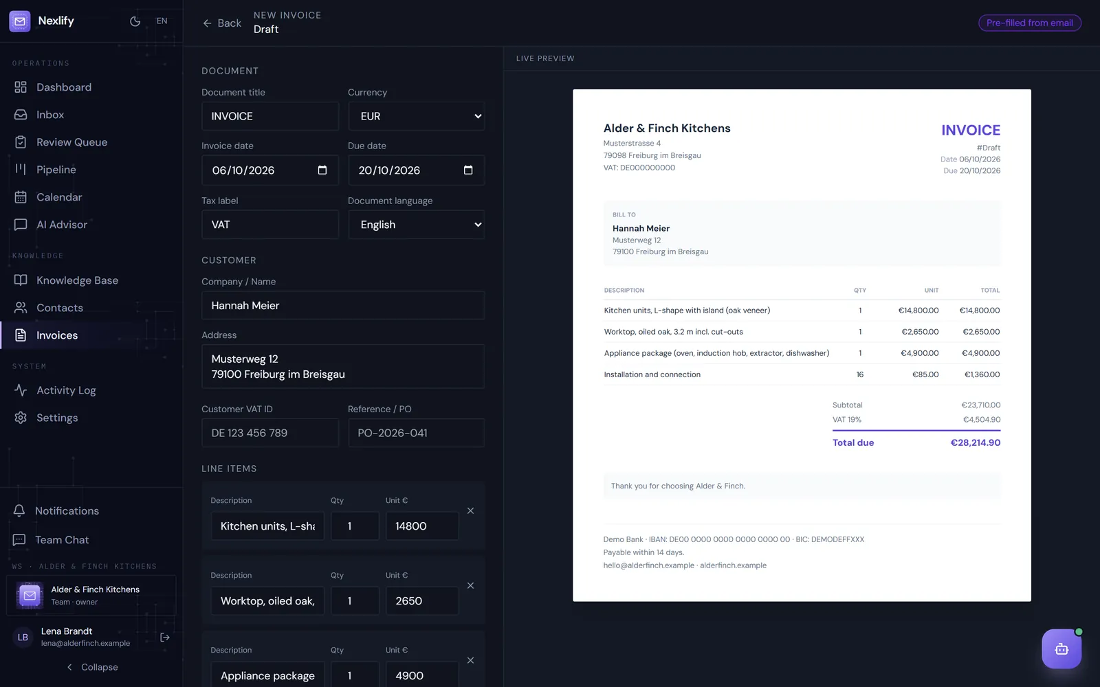The invoice editor, filled in from the email, with a live PDF preview.