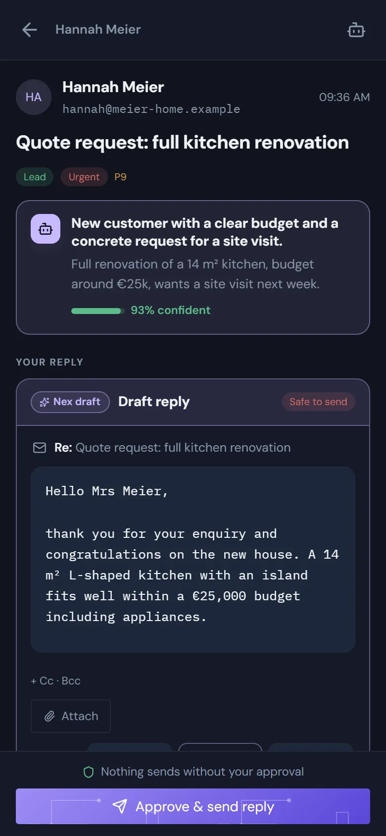 An email on a phone, with Nex's draft and the approve button.