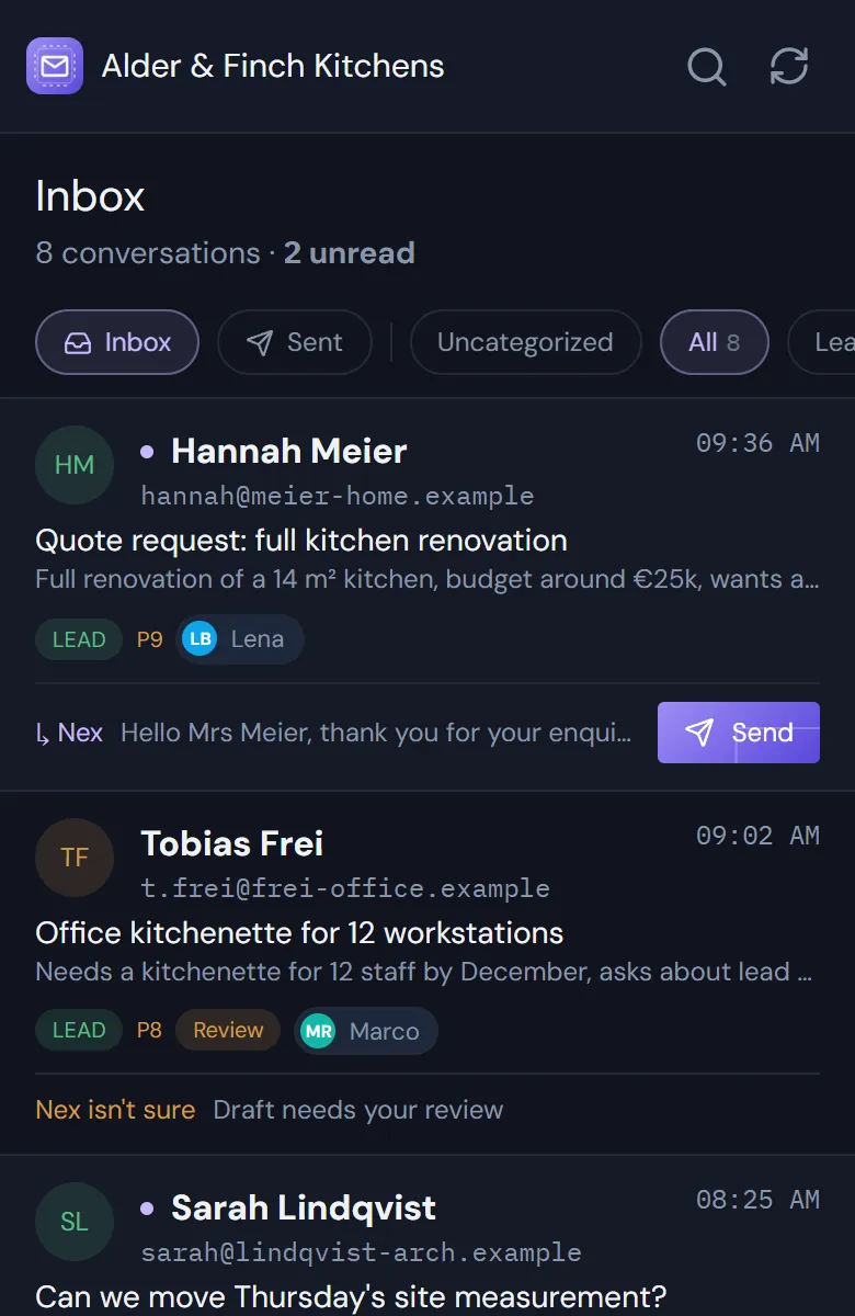 The Nexlify inbox with demo emails, sorted by priority, most with a reply drafted by Nex.