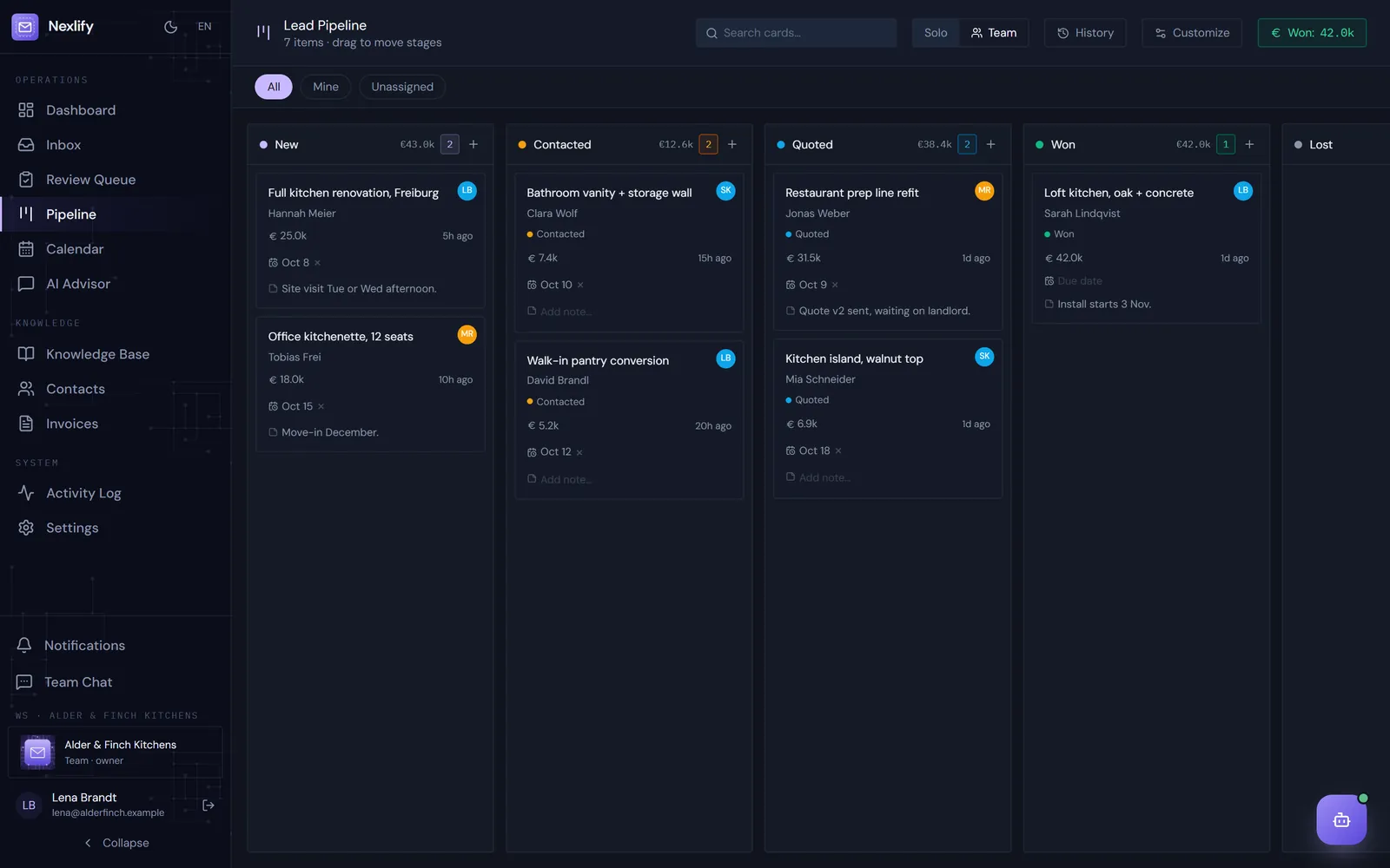 The team pipeline board: leads in New, Contacted, Quoted and Won, each with a value and an owner.